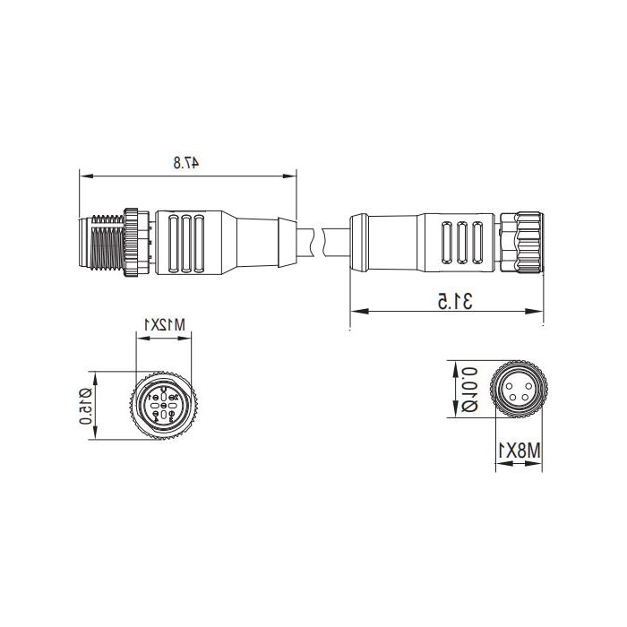 M8转M12 4Pin M8母头直型转M12公头直型、双端预铸PUR柔性电缆、黑色护套、63D261-XXX 