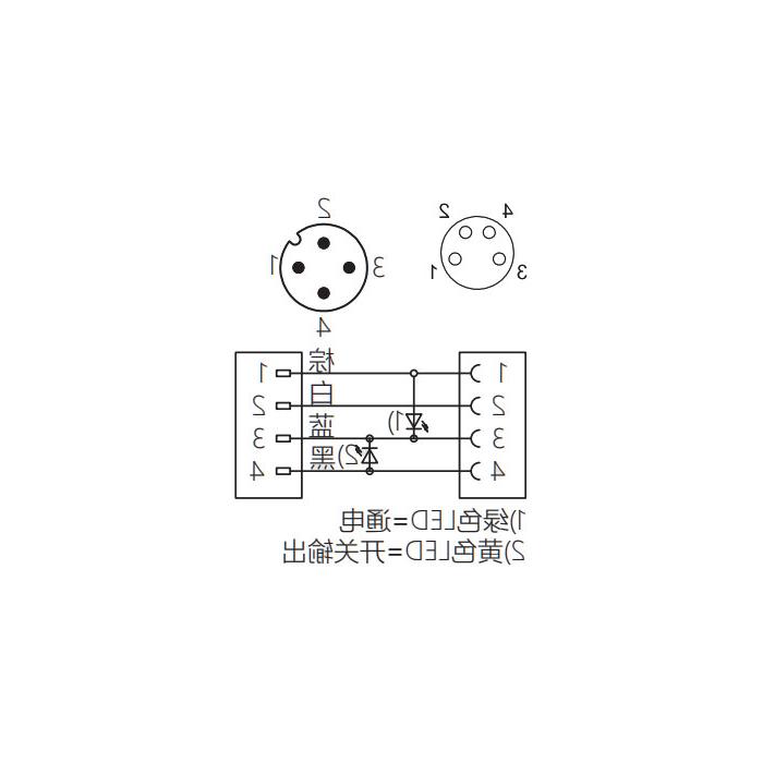 M8转M12 4Pin M8母头90°带LED灯转M12公头直型、双端预铸PUR柔性电缆、黑色护套、63D301-XXX